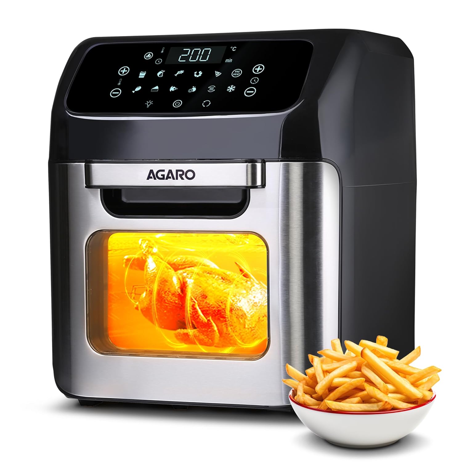 AGARO Regency Air Fryer For Home, 12L, Family Rotisserie Oven, 1800W, 9 Preset Menu, Electric Air Fryer Toaster Oven, Digital Display, Bake, Roast, Toast, Defrost, Silver