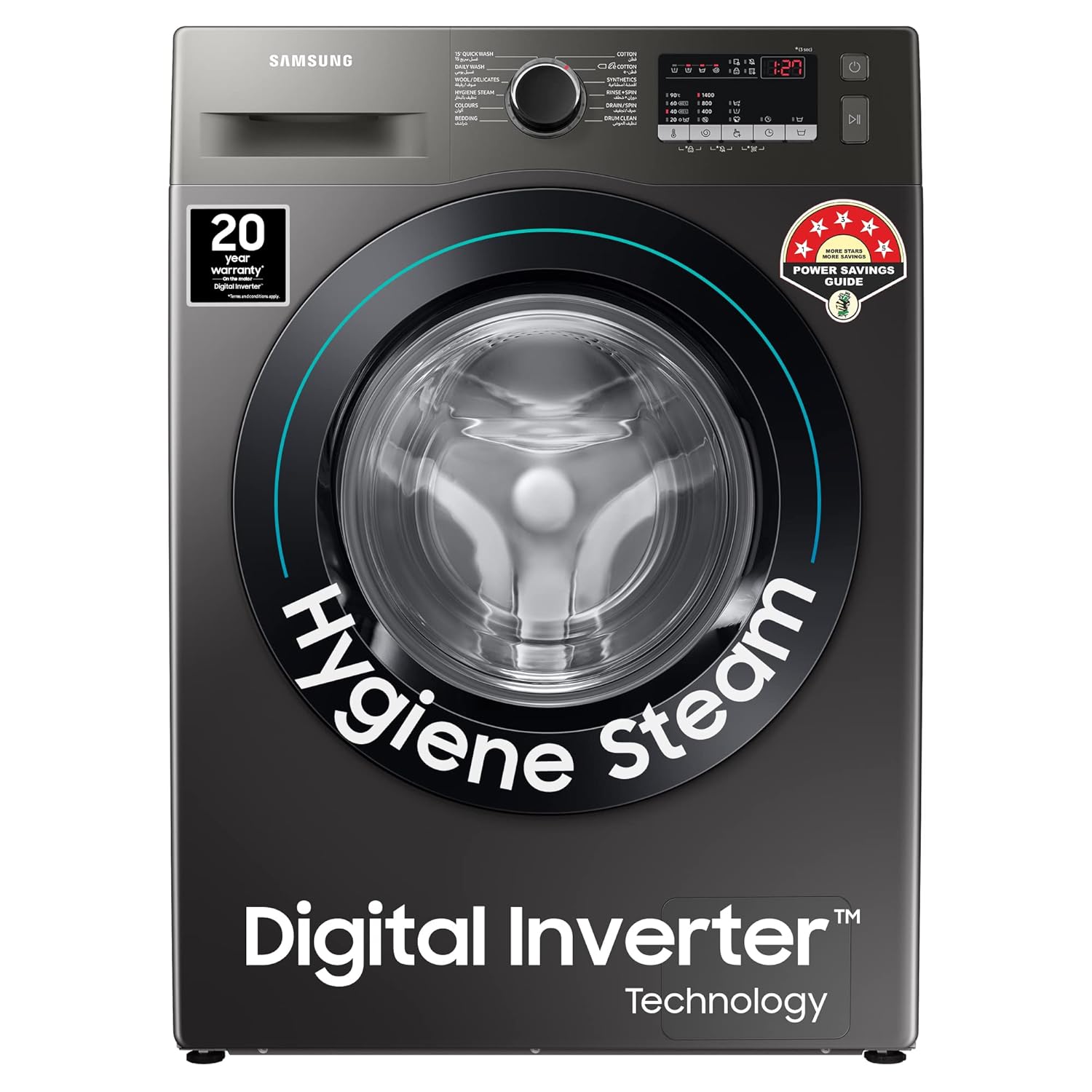 Samsung 8 kg, 5 star, Eco Bubble Technology, AI Control, Wi-Fi, Fully-Automatic Front Load Washing Machine (WW80T504DAX1TL, Hygiene Steam, Inox)